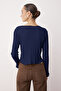 Navy Blue Jacquard Fitted/Slim Fit Button Detail Stretch Knitted Blouse Twoaw26Bz00046 - 4