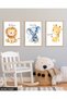 3 Piece Wooden Framed Painting with Giraffe, Elephant, Lion Figures for Children Act - 2