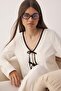 Ekru %100 Pamuklu Fiyonklu/Bağlamalı Örme Pijama Takımı THMAW26PT00009 - 2