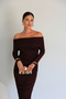 Coffee Madonna Collar Draped Maxi Long Premium Dress - 4