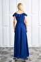 Women's Collar Design Slit Flexible Crepe Fabric Strap Chest Flounced Cobalt Blue Evening Dress582190 - 3