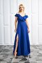 Women's Collar Design Slit Flexible Crepe Fabric Strap Chest Flounced Cobalt Blue Evening Dress582190 - 4