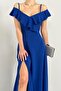 Women's Collar Design Slit Flexible Crepe Fabric Strap Chest Flounced Cobalt Blue Evening Dress582190 - 8