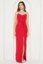 Women's Jewelled Strap Scuba Fabric Maxi Length Red Dress with Chest Cutout and Slit Detail582513