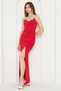 Women's Jewelled Strap Scuba Fabric Maxi Length Red Dress with Chest Cutout and Slit Detail582513 - 5
