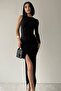 Women's Single Sleeve and Slit Design Sandy Fabric Midi Black Dress 210 - 2