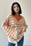 Women's Design Knitwear Fabric V-Neck Striped Pattern Bat Sleeve Detailed Oversize Orange Sweater 196