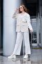 Denim Detail Double Breasted Collar Blazer Jacket Beige - 4