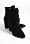 Mbess4-S Women's Black Suede Thick Heeled Lace Detailed Zippered Boots & Bootie - 5