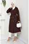 Women's Knitted Quilted Belted Buttoned Brown Trench