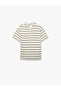 Buttoned Round Neck Short Sleeve Knitwear Striped T-Shirt
