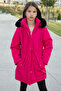 Pink Snap Pocket Flexible Waist Fur Inside Girl's Hooded Coat 21307 - 4