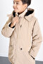 Cream Zippered Chest Pocketed Boys' Hooded Coat with Fur Inside 21358 - 7