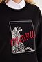 Women's Regular Fit Classic Cut 100% Cotton Printed Crew Neck Black Sweatshirt - 3