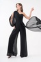 Lined Chiffon Fabric One Sleeve Strapless Neckline Black Evening Dress Jumpsuit with Chest Padding and Sash Design 1336 - 5
