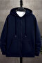Unisex Relax Fit Relaxed Cut Cotton Fleece Inside Double Pocket Zippered Navy Blue Hooded Sweatshirt - 2