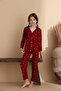 Heart Pattern Suede Knitted Long Sleeve Women's Buttoned Pajama Set - 5