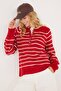 Women's Regular Fit Classic Cut Button Collar Striped Red Sweater - 2