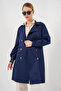 Women's Double Breasted Collar Short Trench Coat Navy Blue 1193