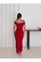 Sandy Fabric Draped Madonna Collar Slit Women's Midi Dress - 3