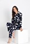 Women's Cotton Suede Fabric Navy Blue Snowflake Heart Patterned Shirt Collar Buttoned Pajama Set - 2