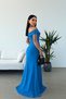 Blue Crepe Fabric Short Sleeve Boat Neckline Slit Detail Maxi Length Evening Dress - 2