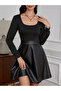 Square Neck Lantern Long Sleeve Pu Dress