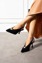 Women's Slingback Stiletto with Black Textured Fabric and Button Accents, Thin Heel - 4