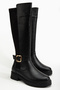 Women's Black Matte Leather Buckle Detailed Stretch Back Boots