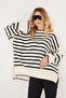 Women's Oversize Wide Cut Crew Neck Striped White Sweater