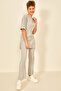 Gray Women's Cotton Short Sleeve Ribbed Blouse Pants Set - 3