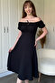 Off-The-Shoulder Seersucker Midi Black Dress - 4