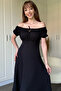 Off-The-Shoulder Seersucker Midi Black Dress - 5