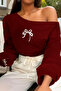 Women's Bow Printed Burgundy Boat Neck Sweatshirt