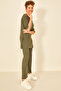 Khaki Women's Cotton Short Sleeve Ribbed Blouse Pants Set - 2
