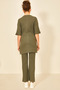 Khaki Women's Cotton Short Sleeve Ribbed Blouse Pants Set - 4