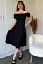 Off-The-Shoulder Seersucker Midi Black Dress - 3