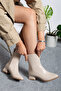 Women's Beige Cream Wrinkled Mid Heel Winter Boots - 2