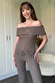 Brown Off-The-Shoulder Seersucker Trousers Set - 6
