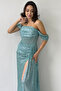 Women's Off-Shoulder Sequin Slit Evening Dress Sea Green, Powder, Black, Red, Navy, Beige - 6