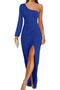 Women's One Shoulder Long Sleeve Cocktail Dress Sexy High Slit Ruched Bodycon Wedding Guest Maxi -L