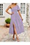 Women's Boho Summer One Shoulder Short Sleeve Smocked Side Split Ruffle Swing Midi Dress - 2