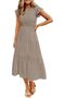 Women's Summer Casual Flutter Short Sleeve Crew Neck Smocked Elastic Waist Tiered Midi Dress Khaki-M