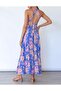 Women's Summer Halter Neck Floral Print Backless Split Beach Party Maxi Dress - 3