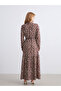 Lcw Modest Brown Ruffled High Neck Patterned Layered Dress with Belt - 5
