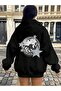 Black Women's Black Disco Star Printed Hooded Hoodie