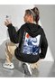Black Women's Black Get Alon Wave Printed Hooded Hoodie