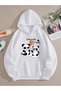 White Women's White Leisure Panda Printed Hooded Hoodie
