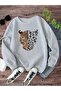 Gray Unisex Gray Leopard Printed Crew Neck Oversize
