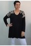 Black V-Neck Shoulder Color Block Size Whole Coming Low Sleeve Combed Viscose T-Shirt
